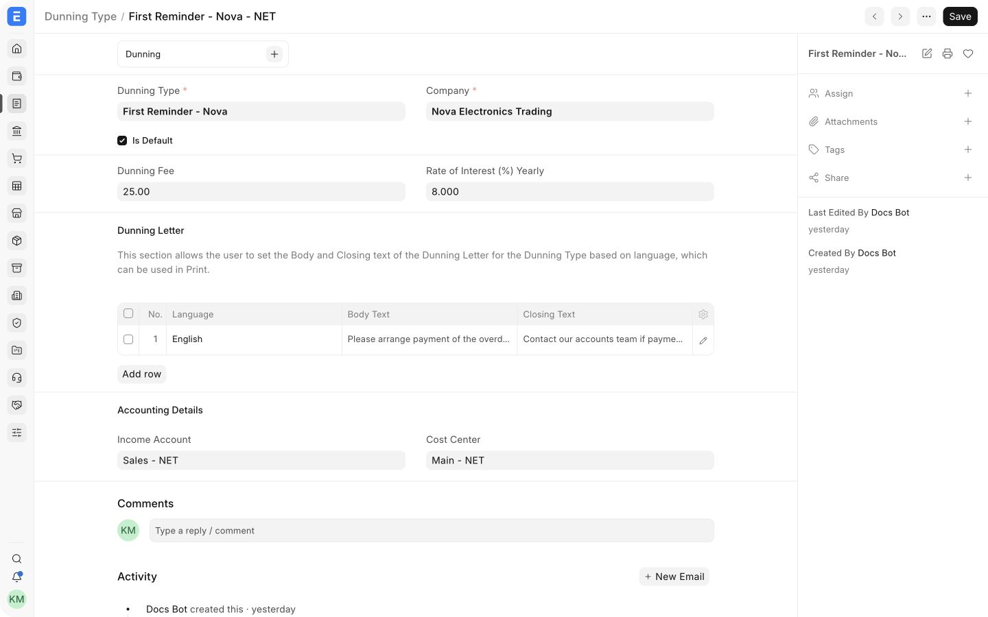 Dunning Type with fee, interest, reminder text, and accounting defaults
