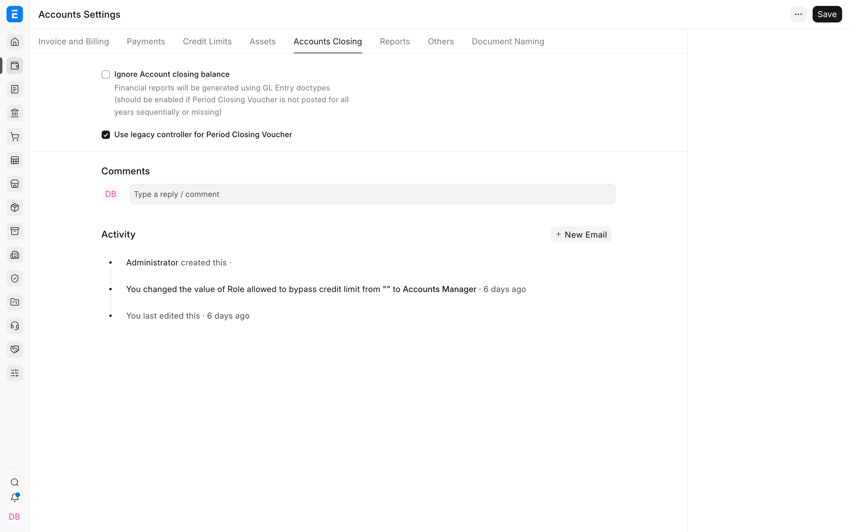 Current Period Closing settings in ERPNext