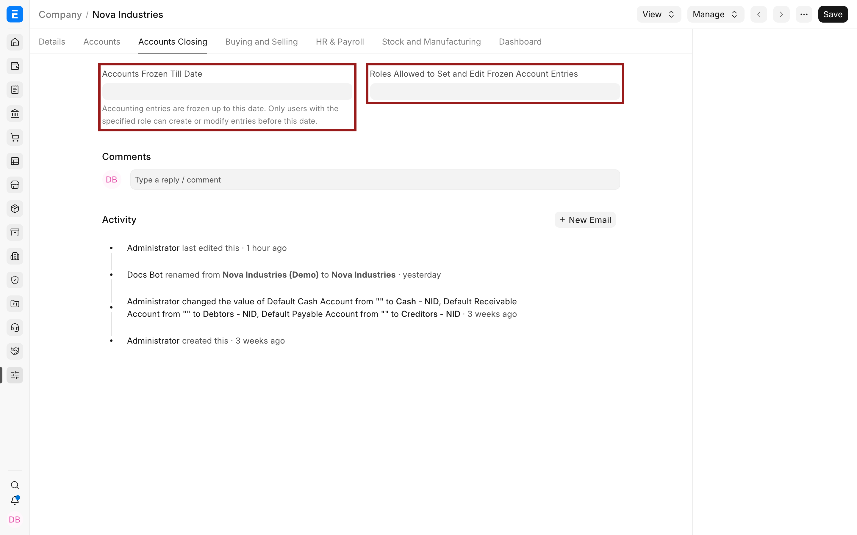 Company Accounts Closing tab showing the frozen date and authorized role