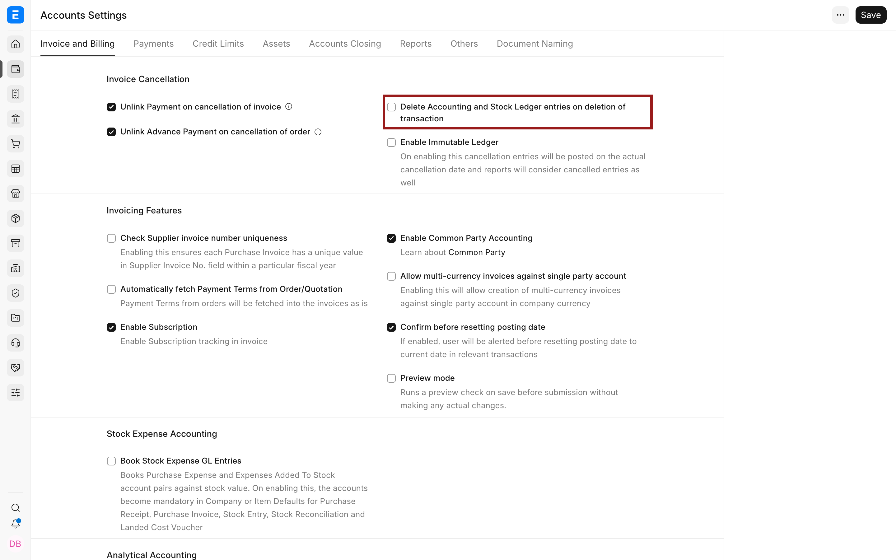 Accounts Settings option for deleting linked accounting and stock ledger entries