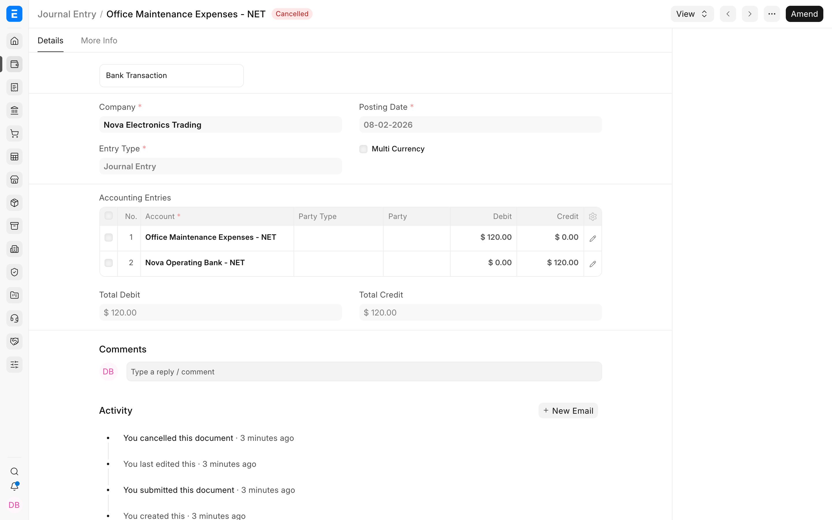 A cancelled Journal Entry in ERPNext