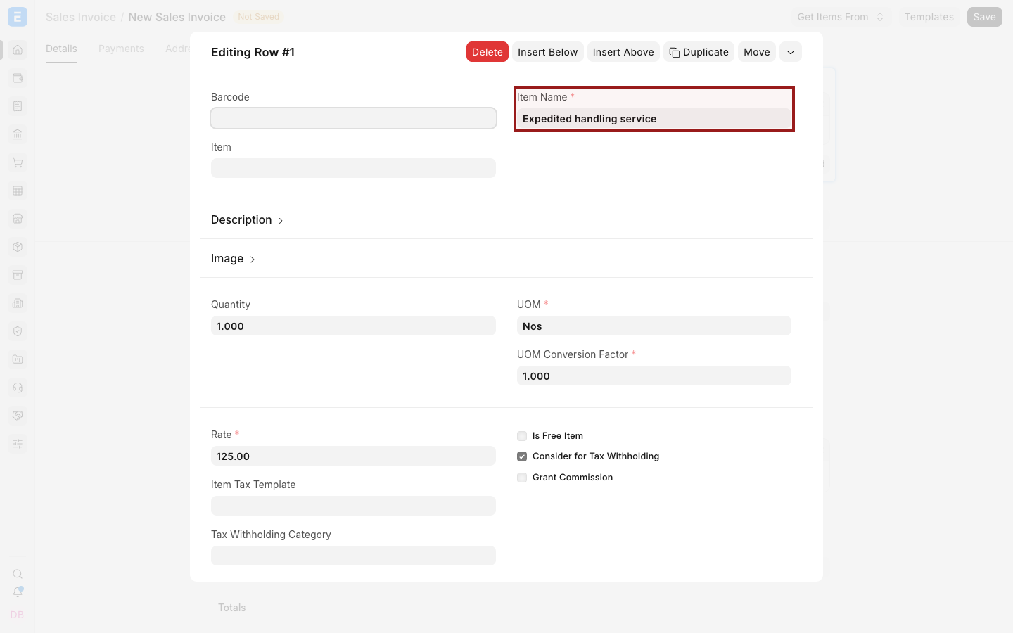 The Sales Invoice Item editor with an empty Item field and completed one-time charge details.