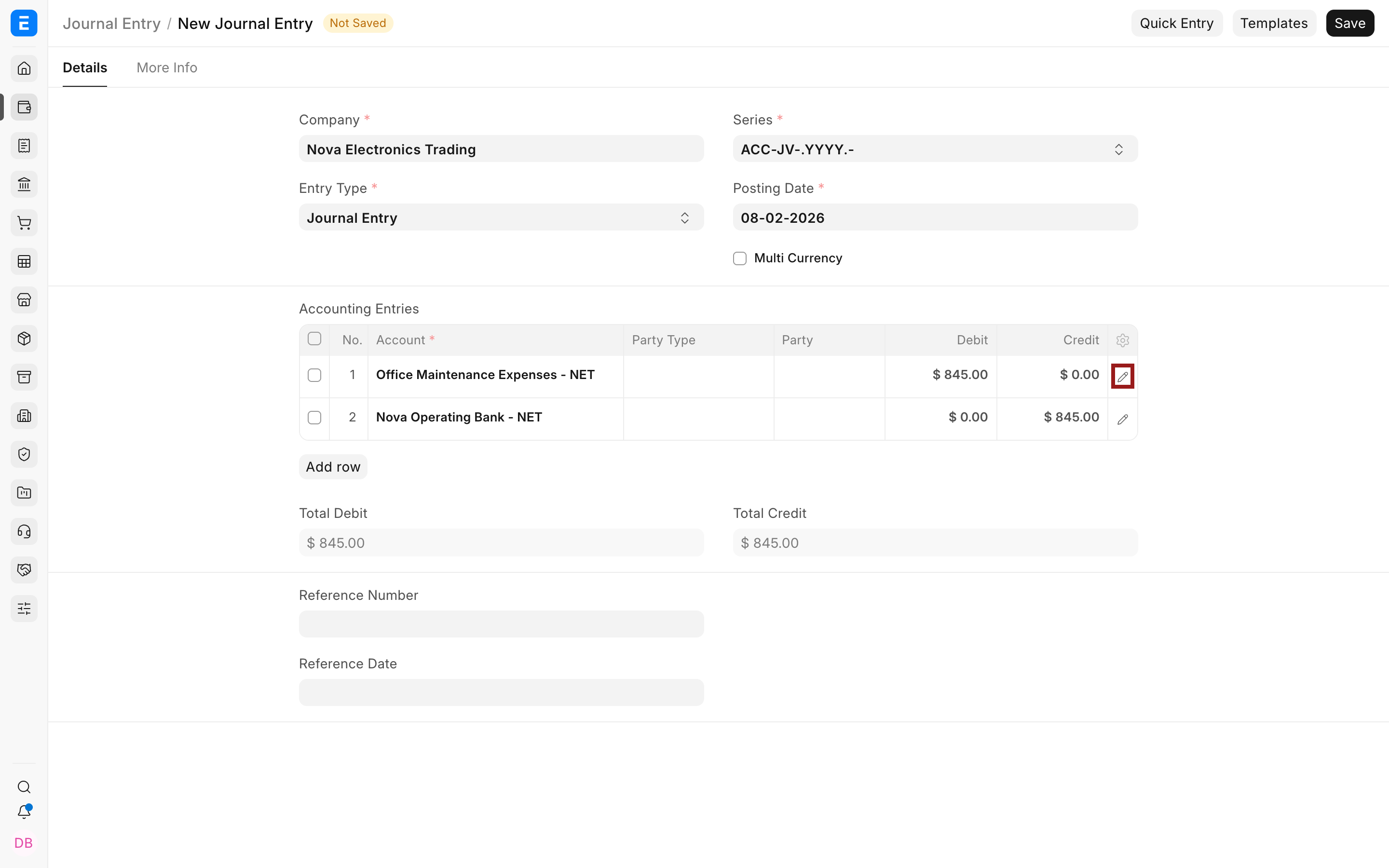Balanced Accounting Entries with the first row pencil icon highlighted