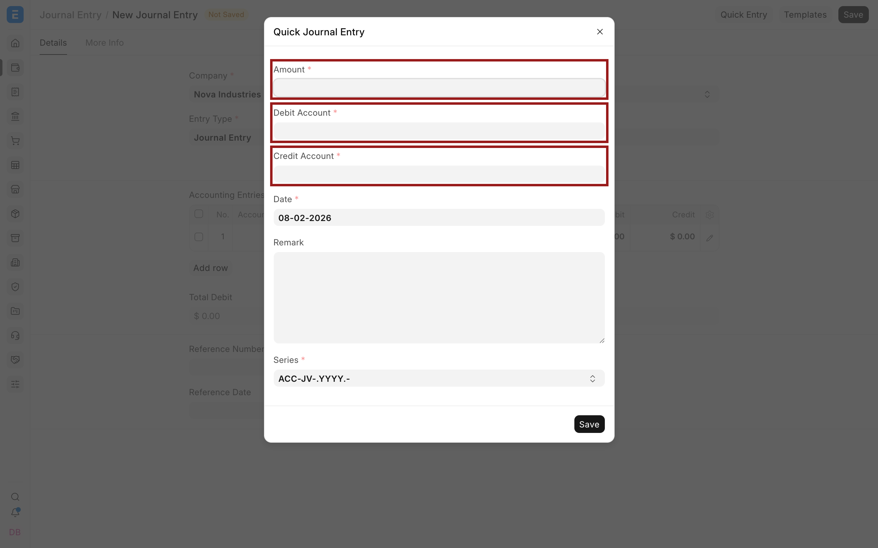 Quick Journal Entry dialog with amount, debit account, and credit account highlighted