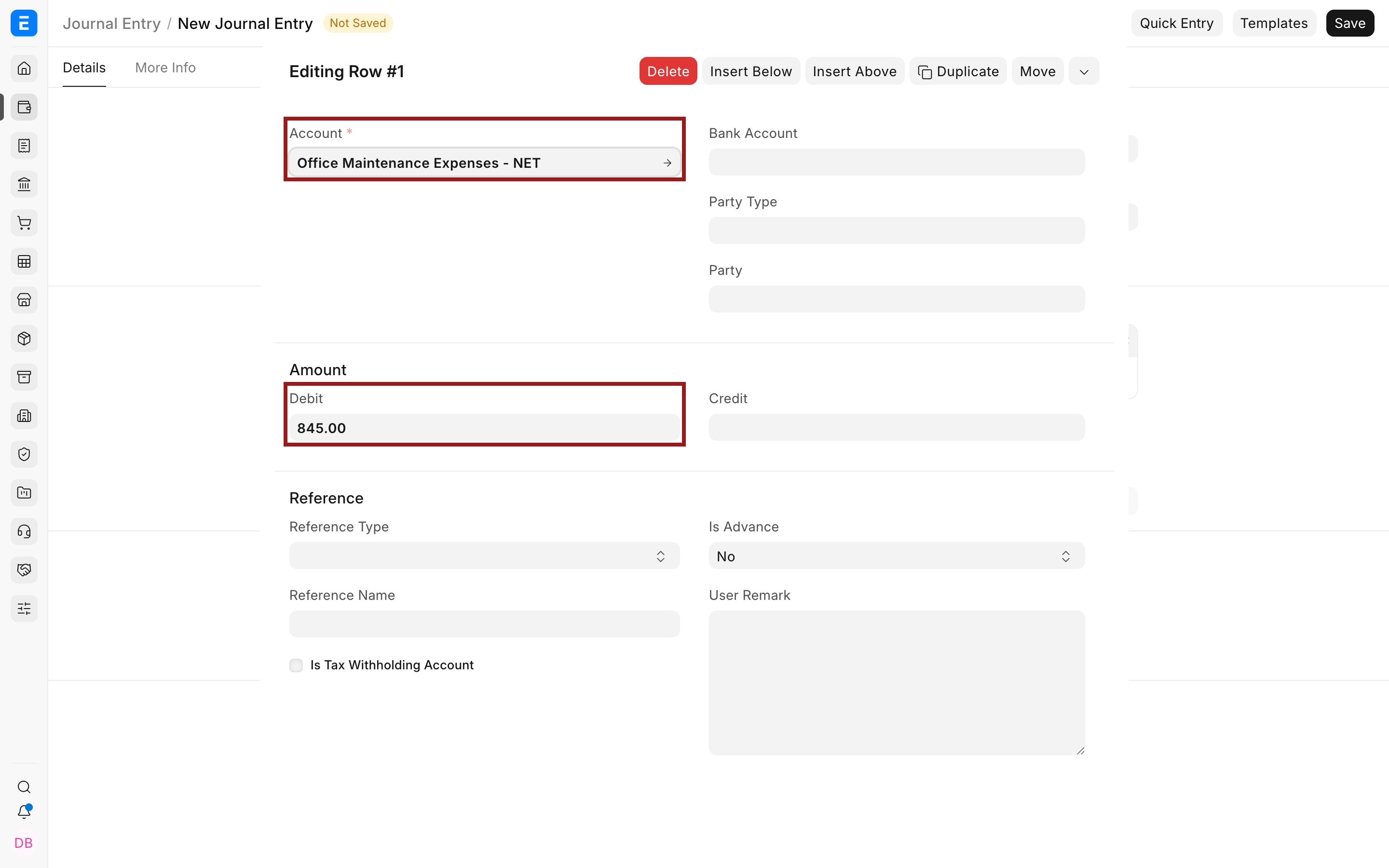 Account and debit fields in the Journal Entry row editor