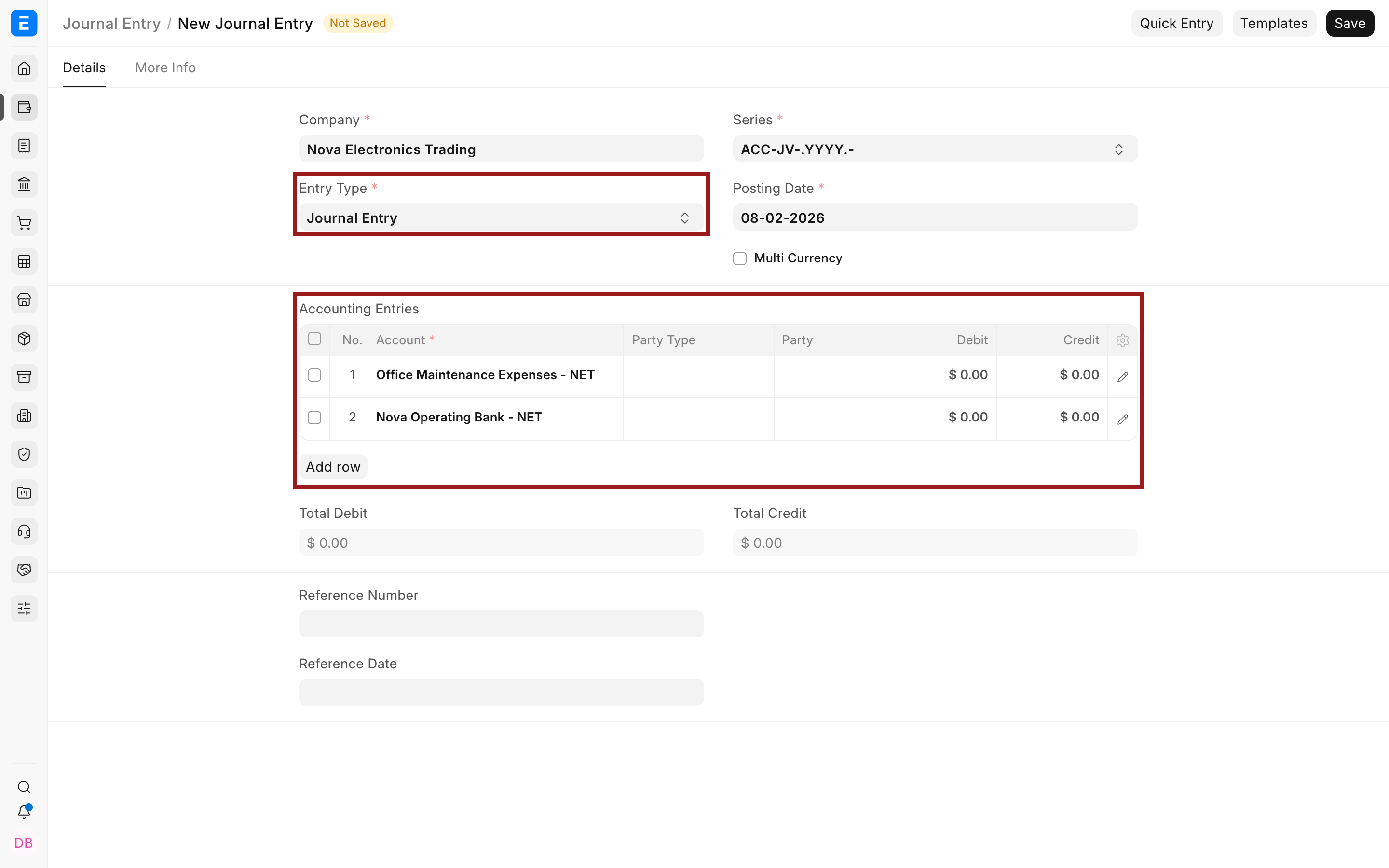 A new Journal Entry with the template fields and account rows loaded