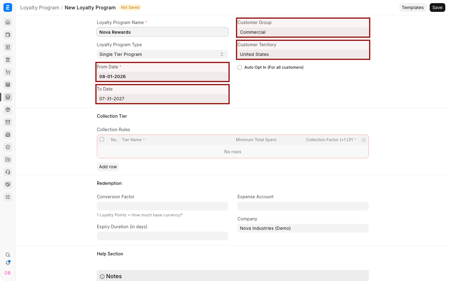 An ERPNext Loyalty Program with dates, eligibility, and enrollment settings.