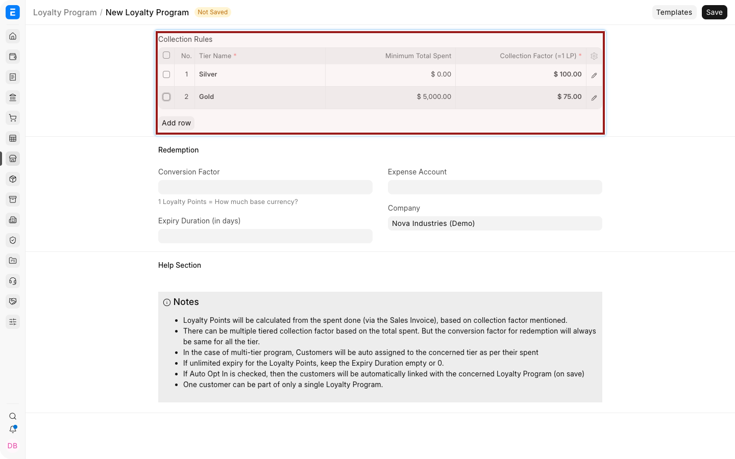 The Loyalty Program tier table with collection factors and thresholds.