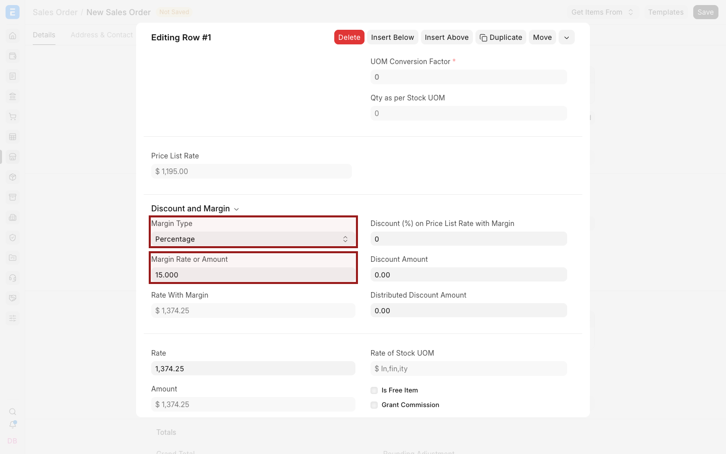 The item row editor with Margin Type and Margin Rate or Amount highlighted.
