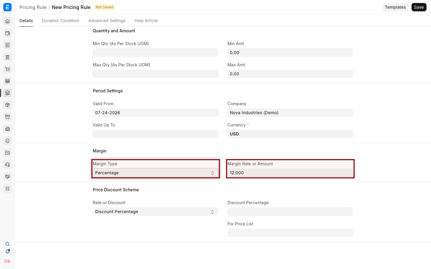 A Pricing Rule with its Margin settings highlighted.