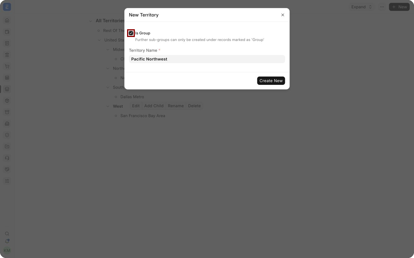 New Territory form with the Is Group checkbox highlighted