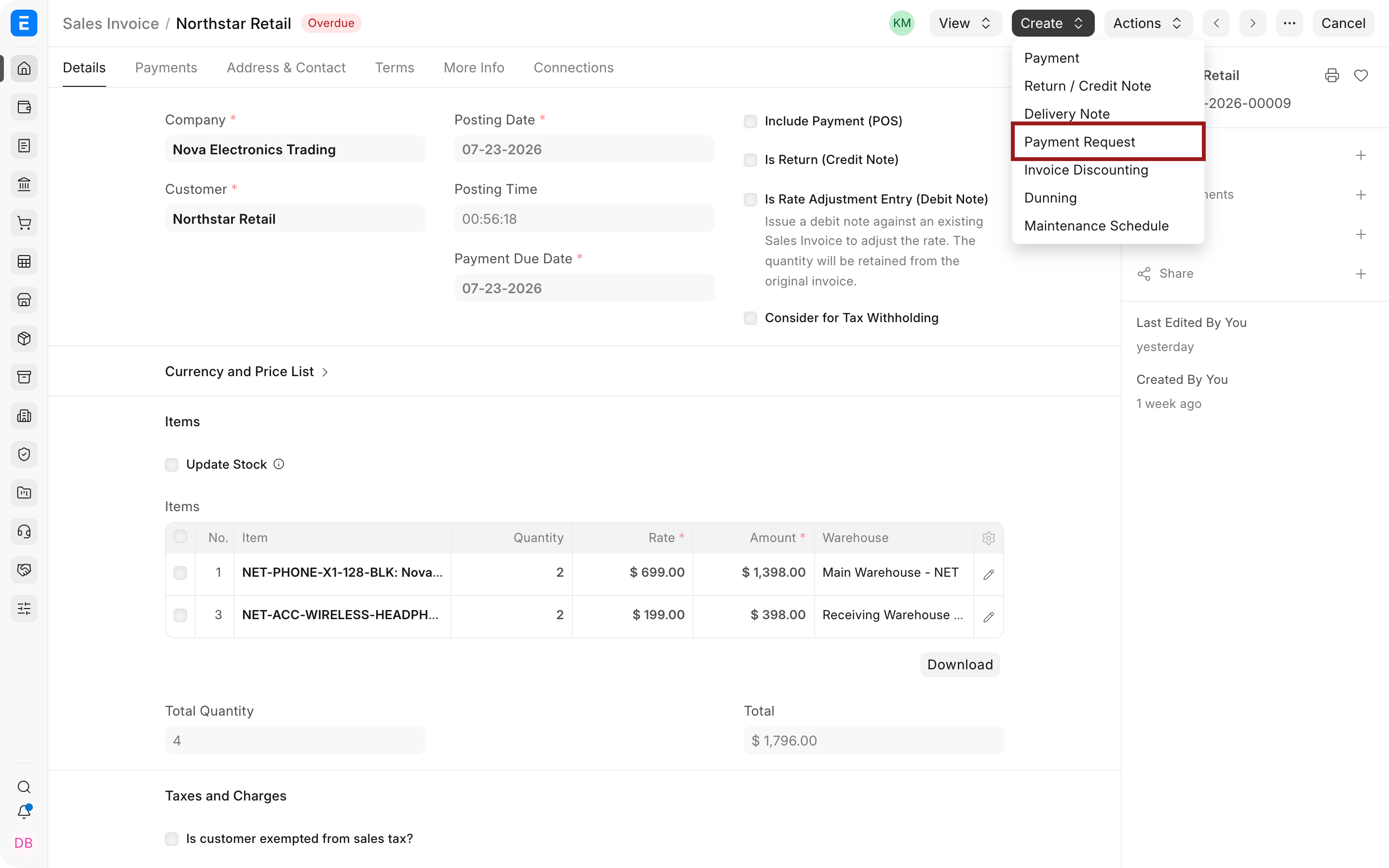 The Create menu on a submitted Sales Invoice with Payment Request highlighted.