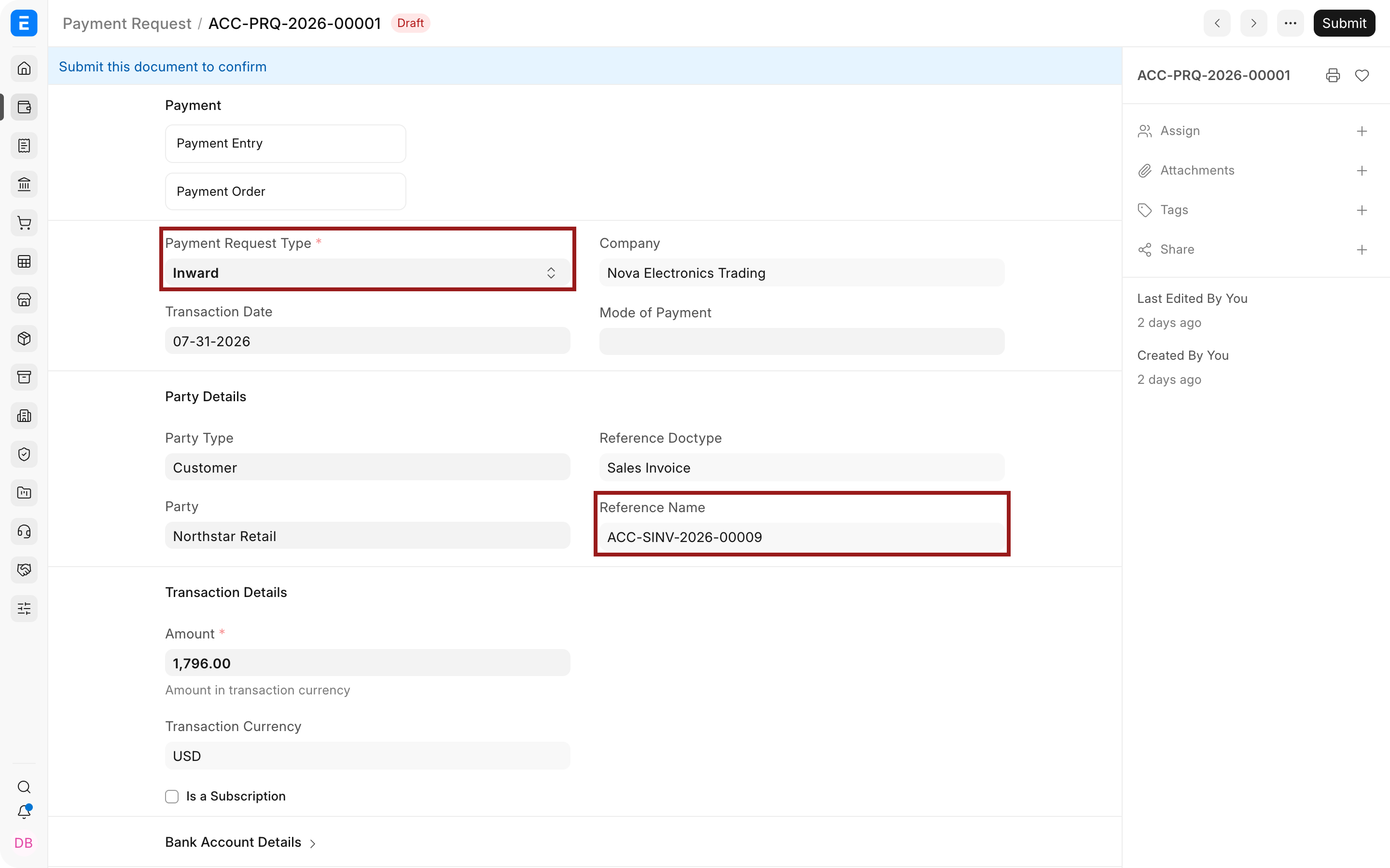 An inward Customer Payment Request with its type and Sales Invoice reference highlighted.