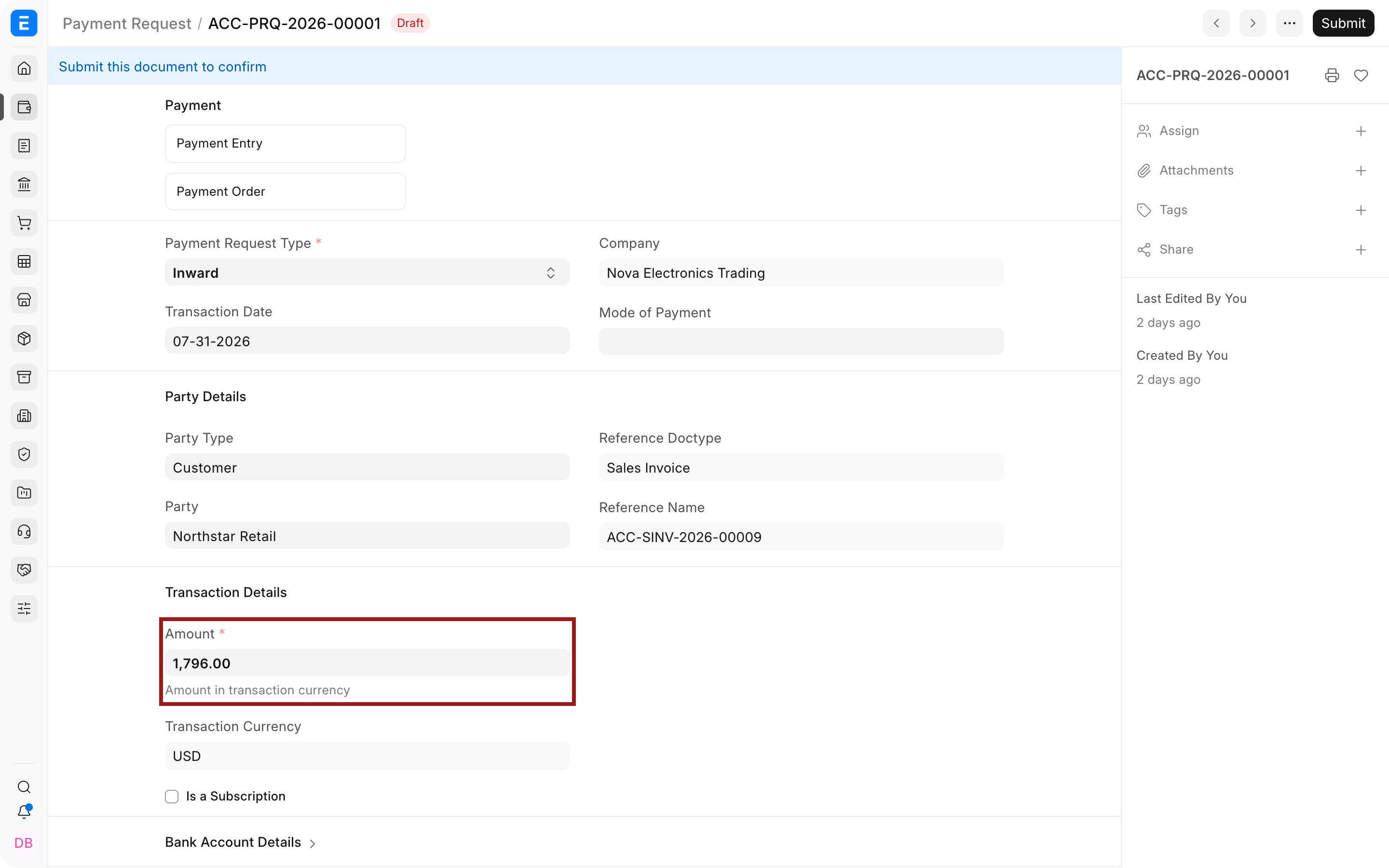 The amount requested from the Customer highlighted on the Payment Request.