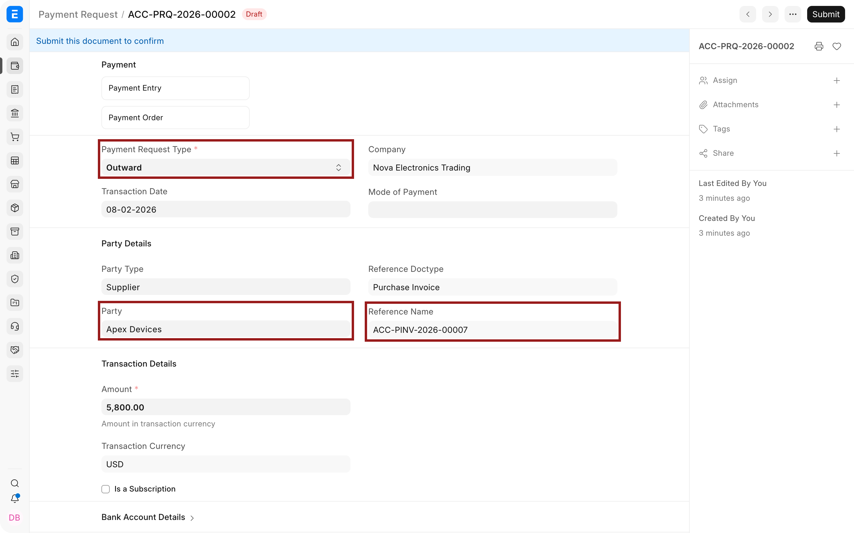 An outward Supplier Payment Request with its type, Supplier, and Purchase Invoice reference highlighted.
