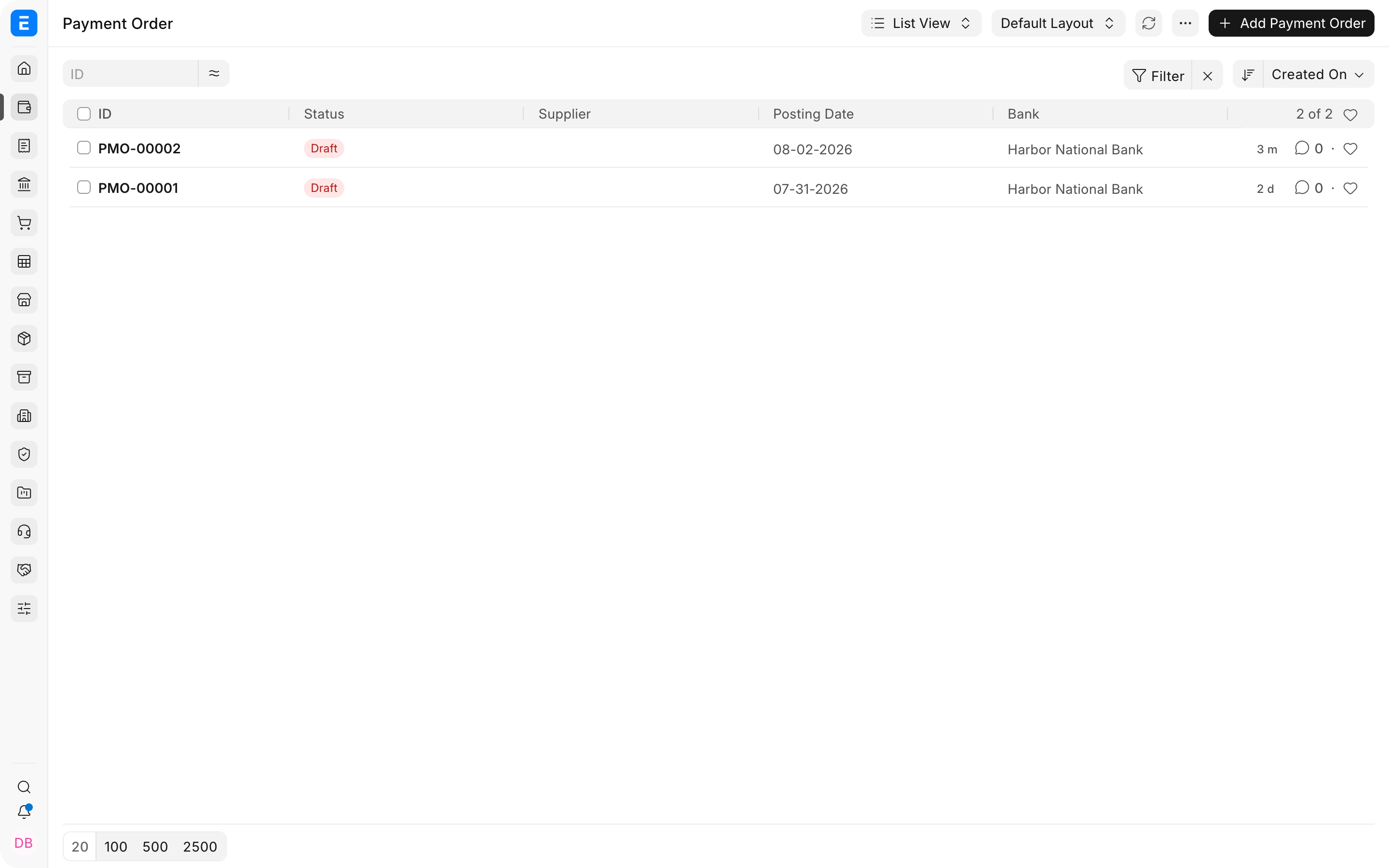 The Payment Order list containing a draft payment run for Nova Electronics Trading.