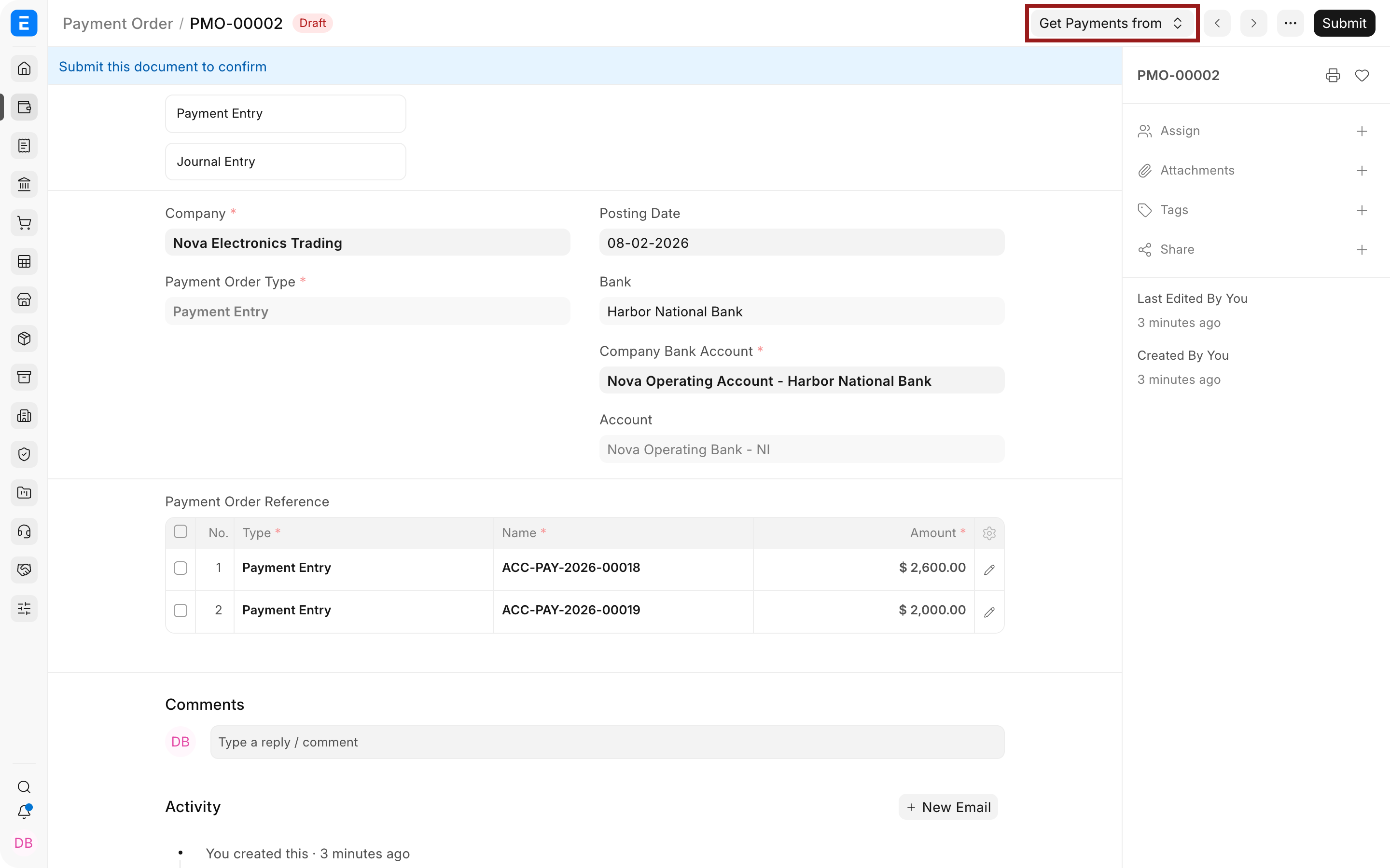 The Get Payments from control highlighted on a draft Payment Order.