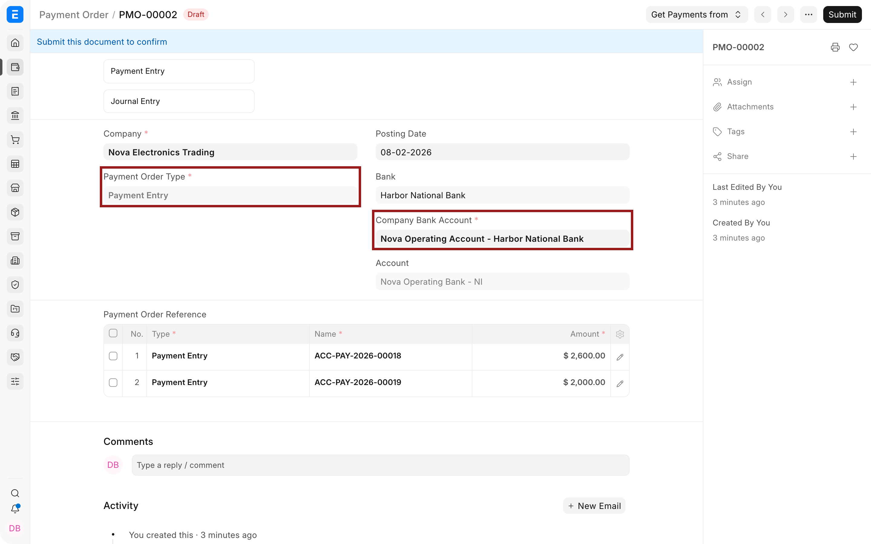 The Payment Order Type and Company Bank Account highlighted on the payment run.