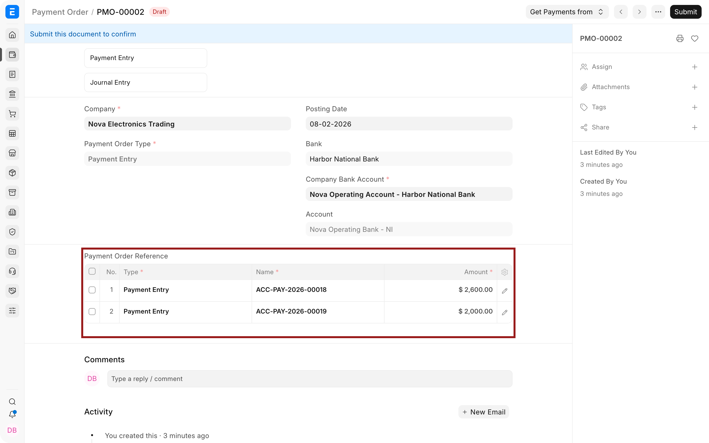 Two Supplier Payment Entries included in the Payment Order reference table.