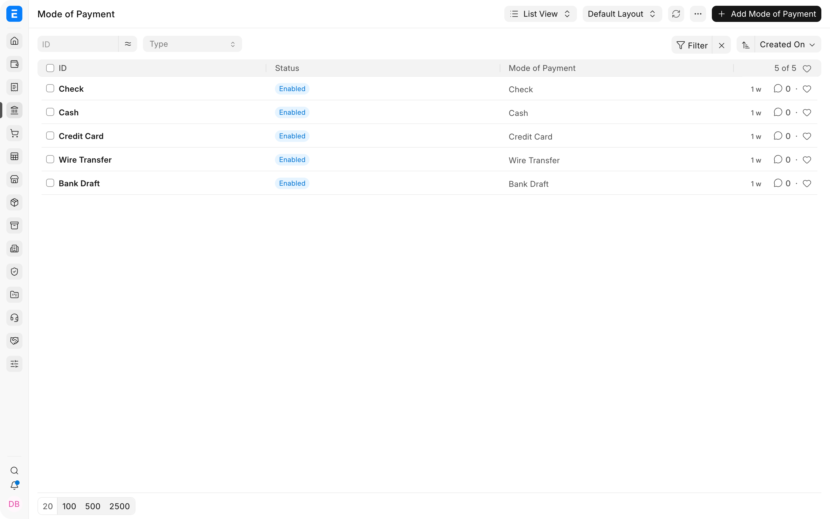 Mode of Payment list in ERPNext