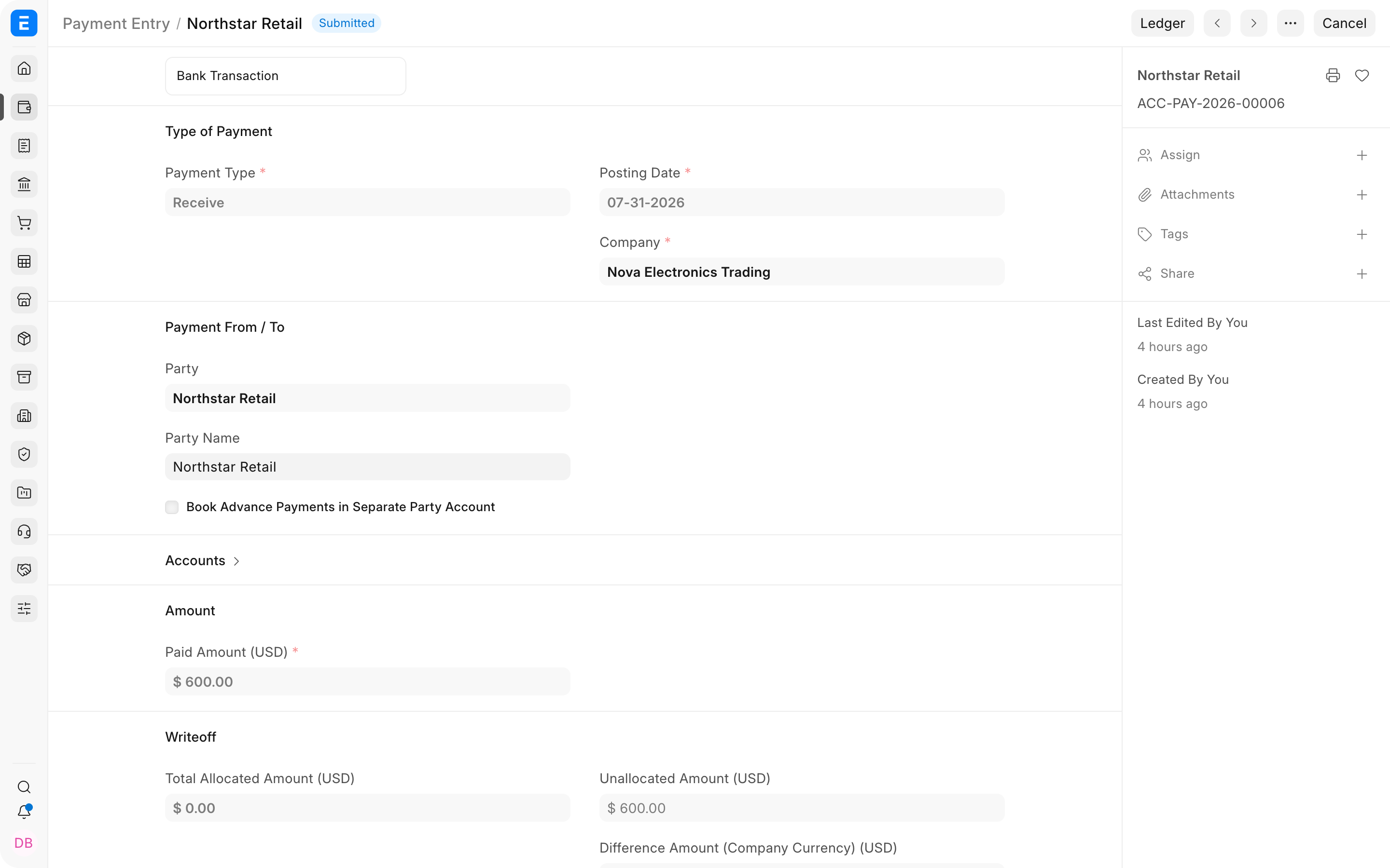 Advance Payment Entry in ERPNext
