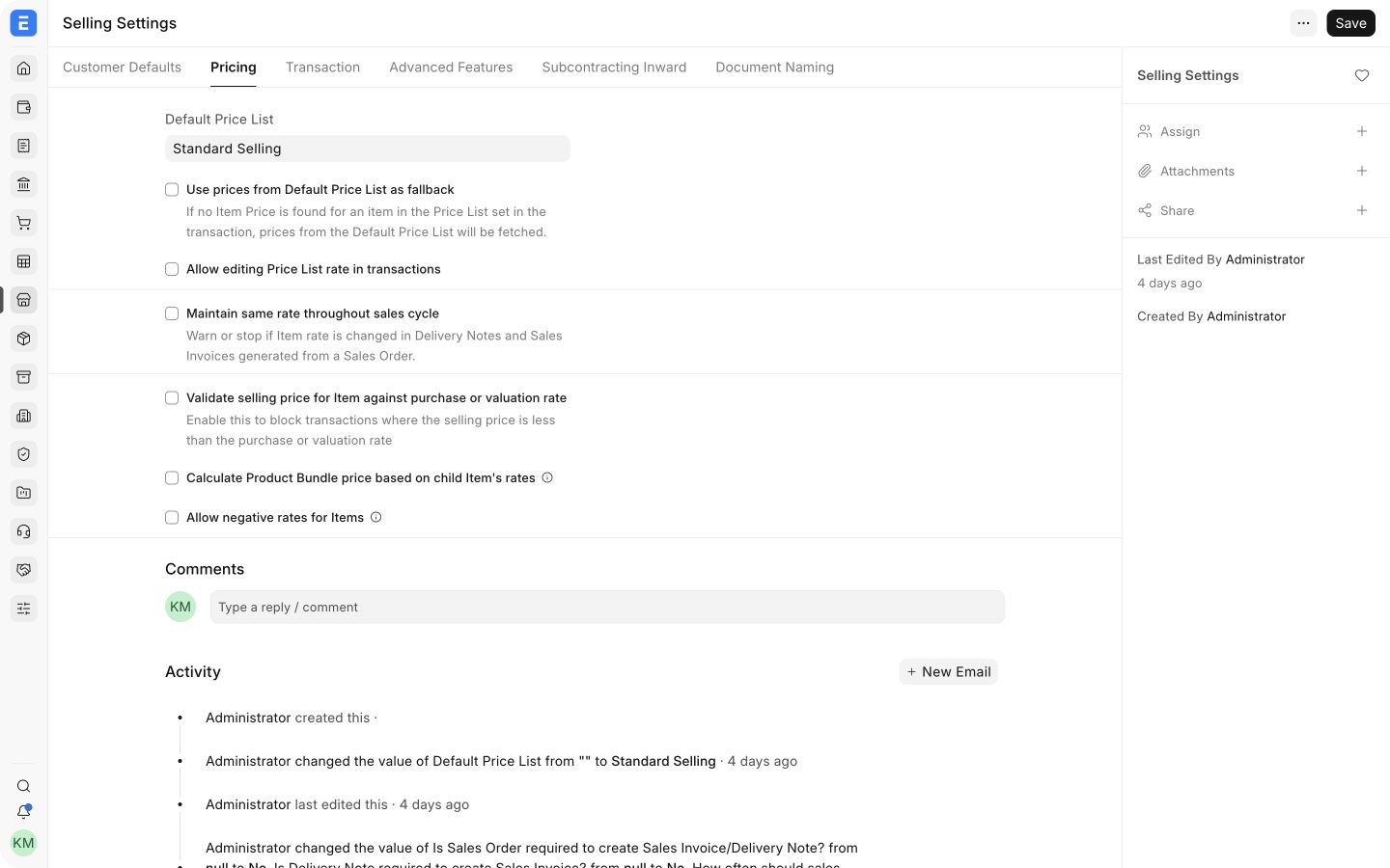Pricing tab in ERPNext Selling Settings