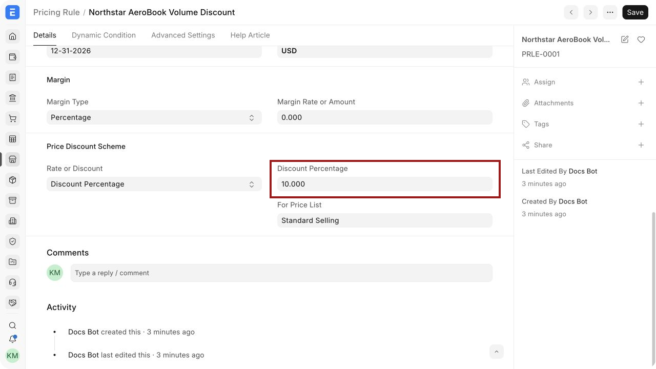 Pricing Rule discount percentage in ERPNext