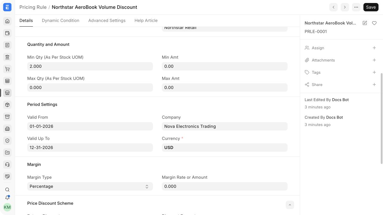 Pricing Rule quantity and period settings in ERPNext