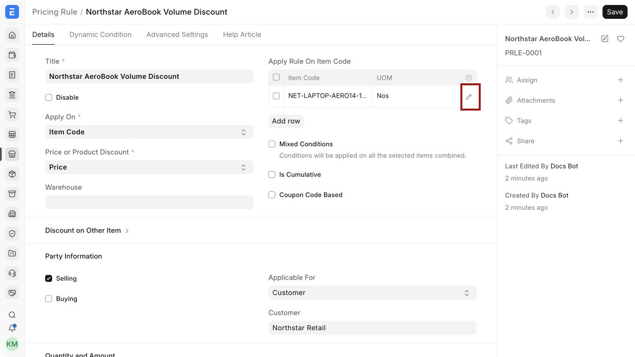 Pricing Rule for an item and customer in ERPNext