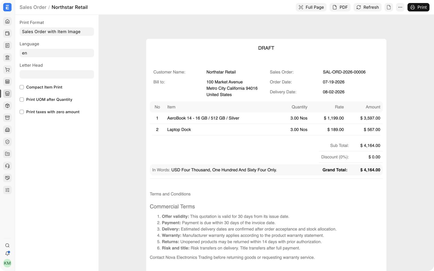 ERPNext Sales Order print preview showing the Terms and Conditions section