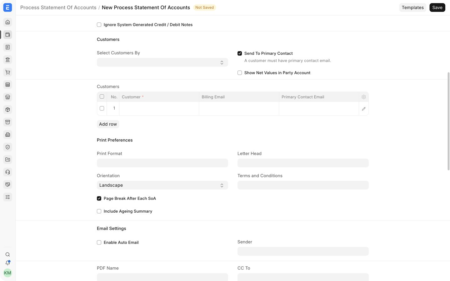 Customer selection, print preferences, and email settings