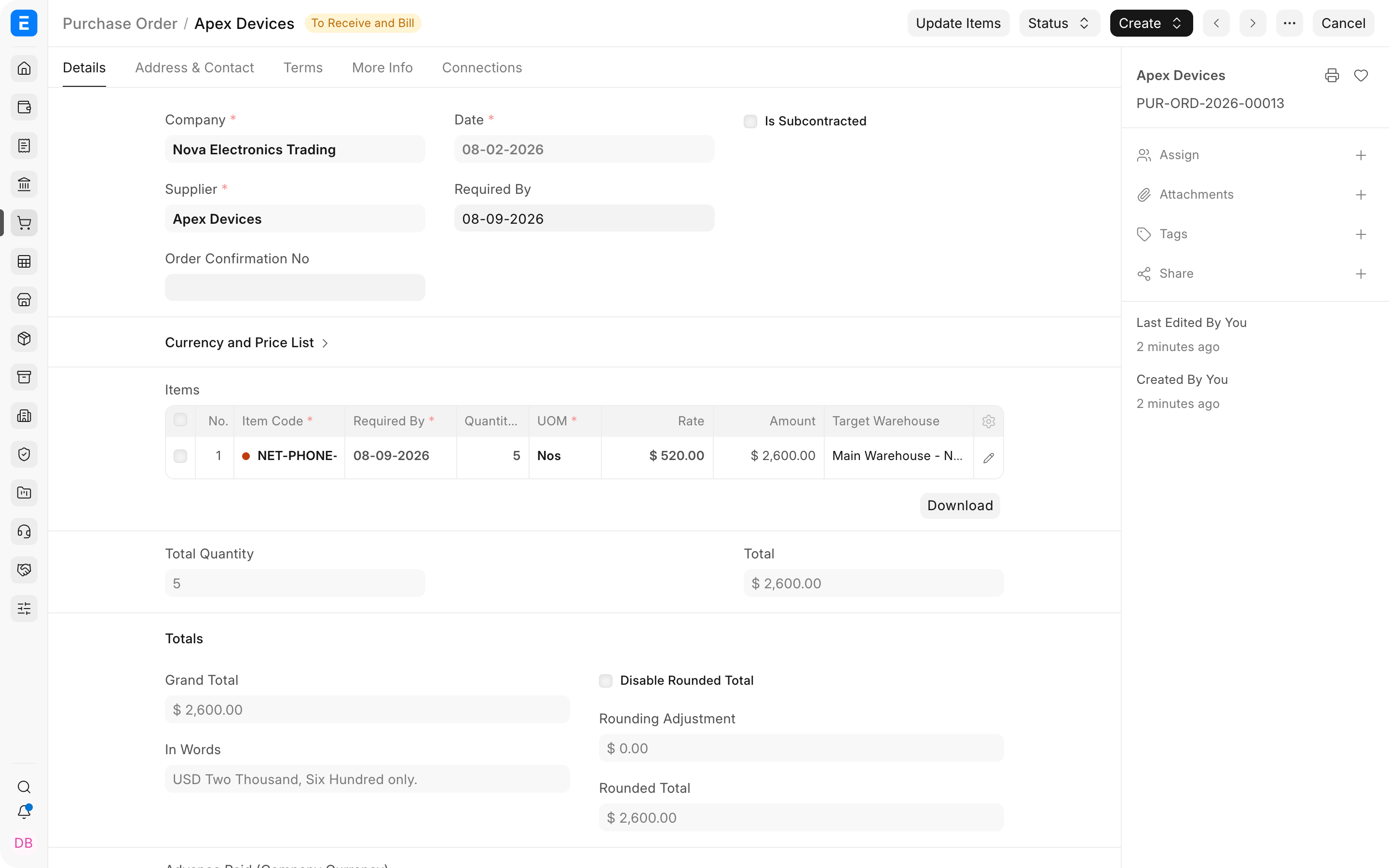 Submitted Purchase Order for stock-controlled electronic items