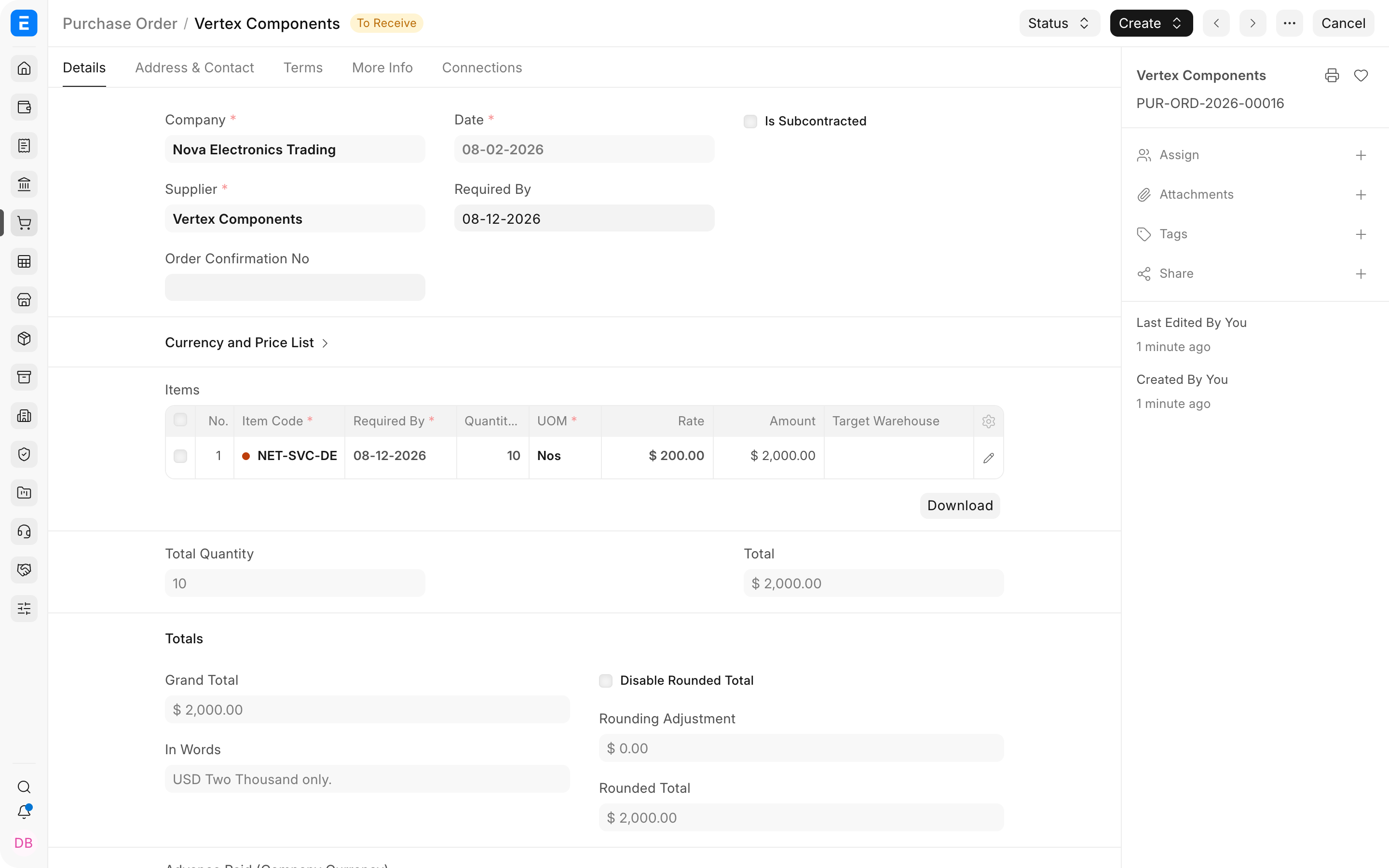 Submitted Purchase Order for externally supplied services