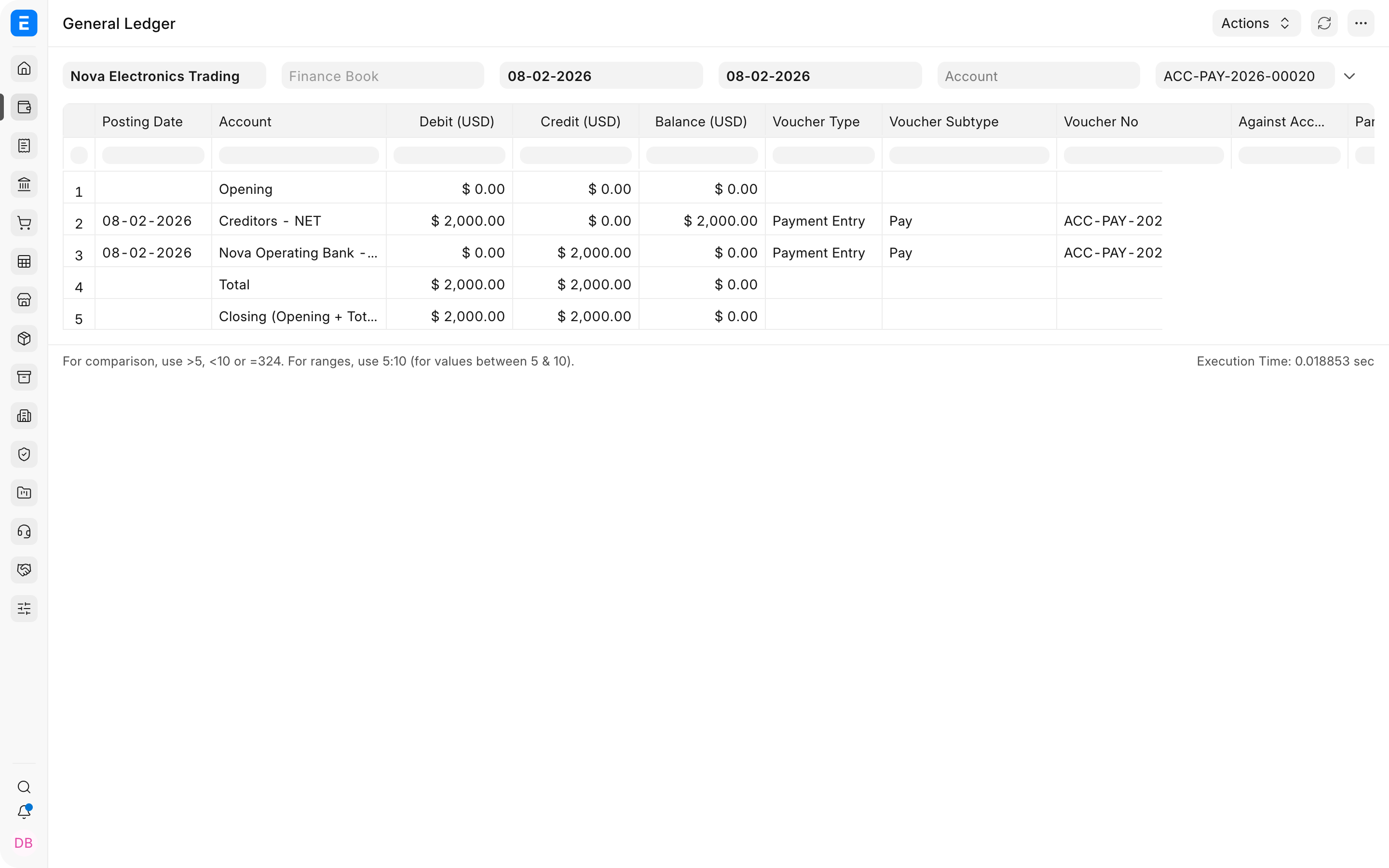 General Ledger entries created by the service supplier payment