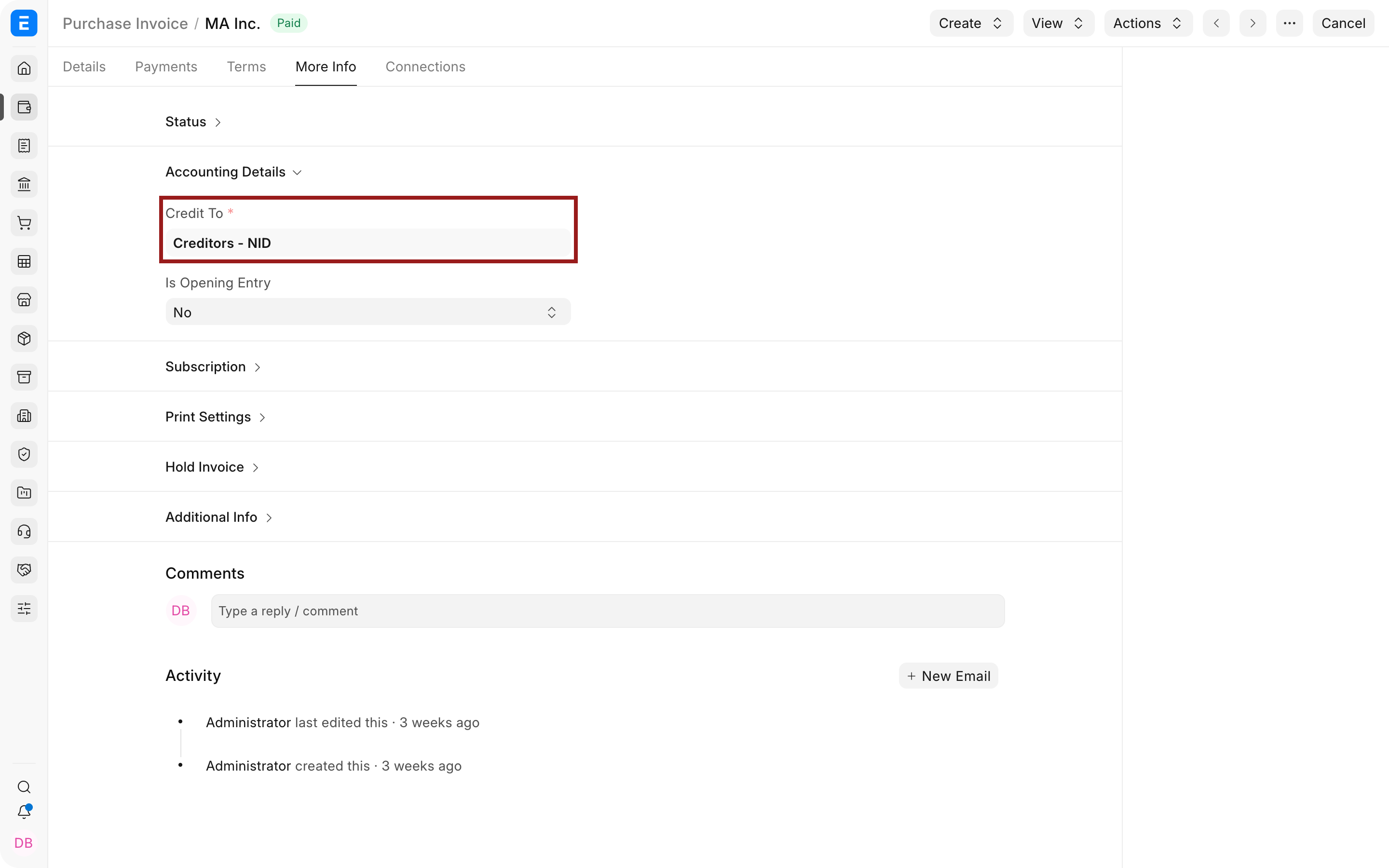 Purchase Invoice with the complete Credit To field highlighted