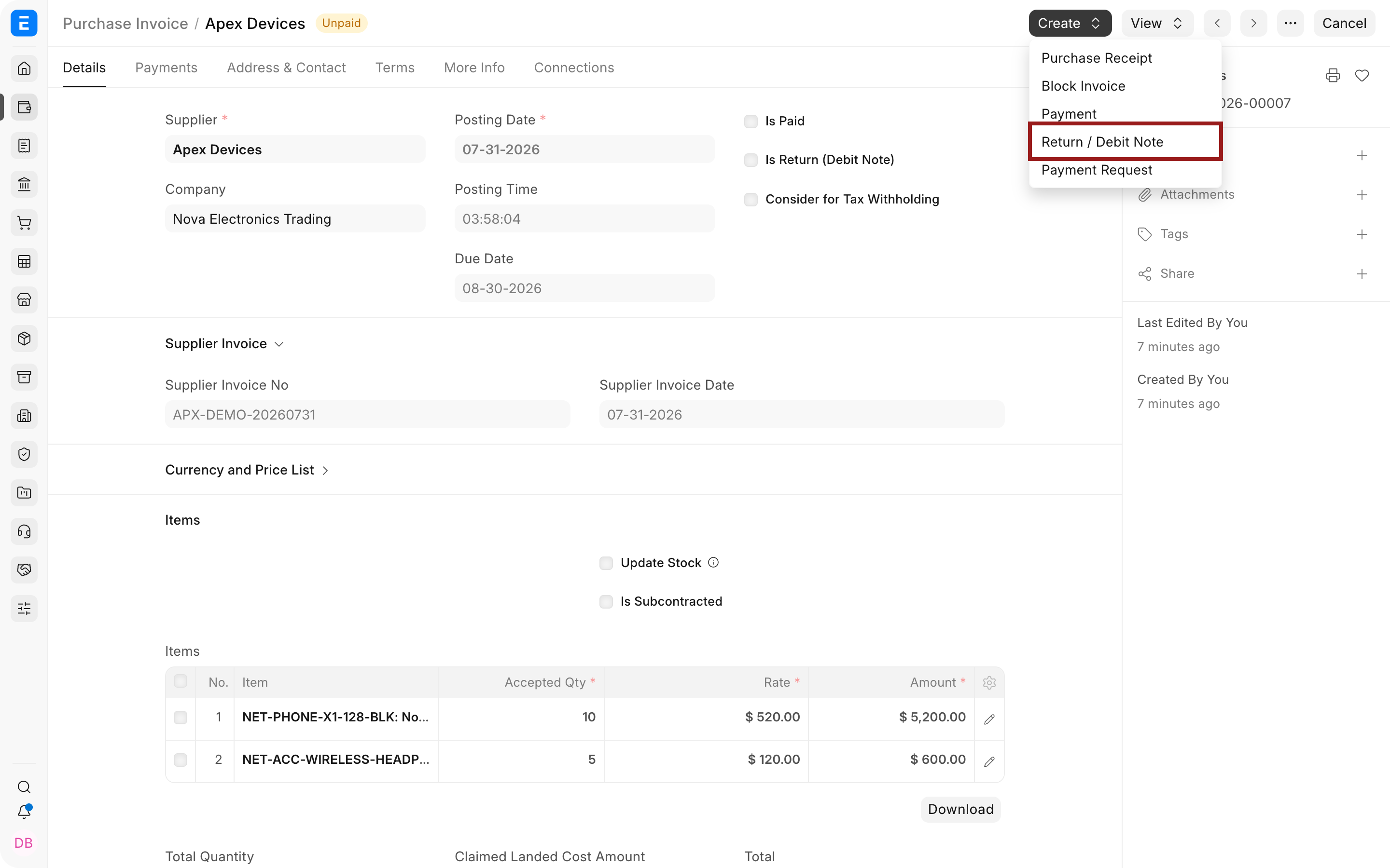 Create Return or Debit Note from a submitted Purchase Invoice