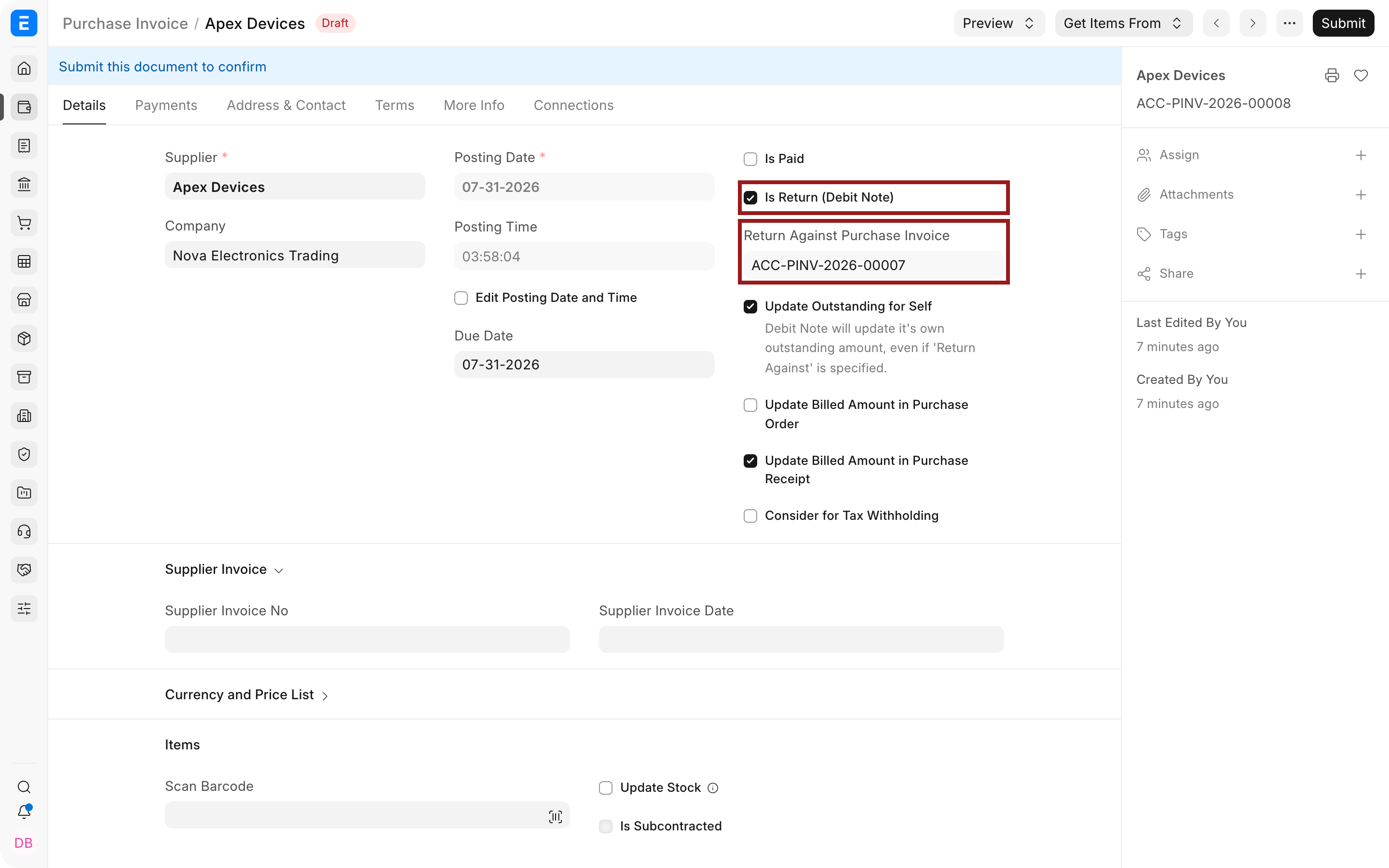 Debit Note return setting and original Purchase Invoice reference