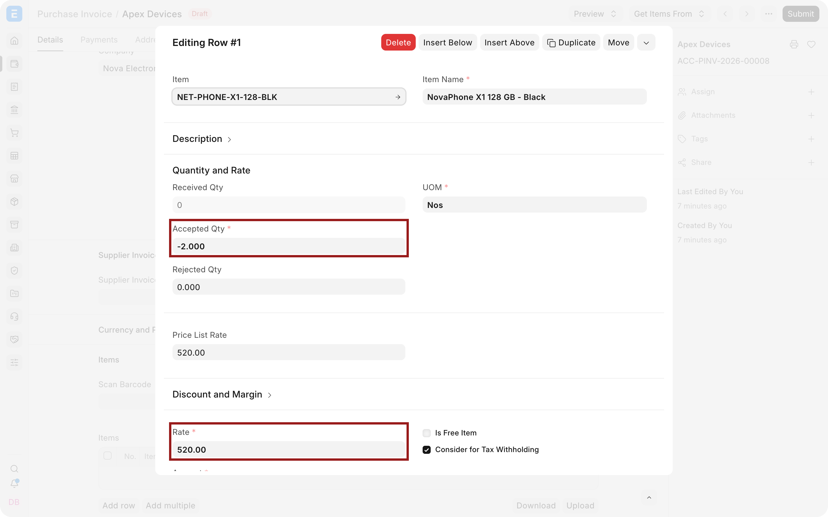 Negative quantity and original rate in the Debit Note Item row