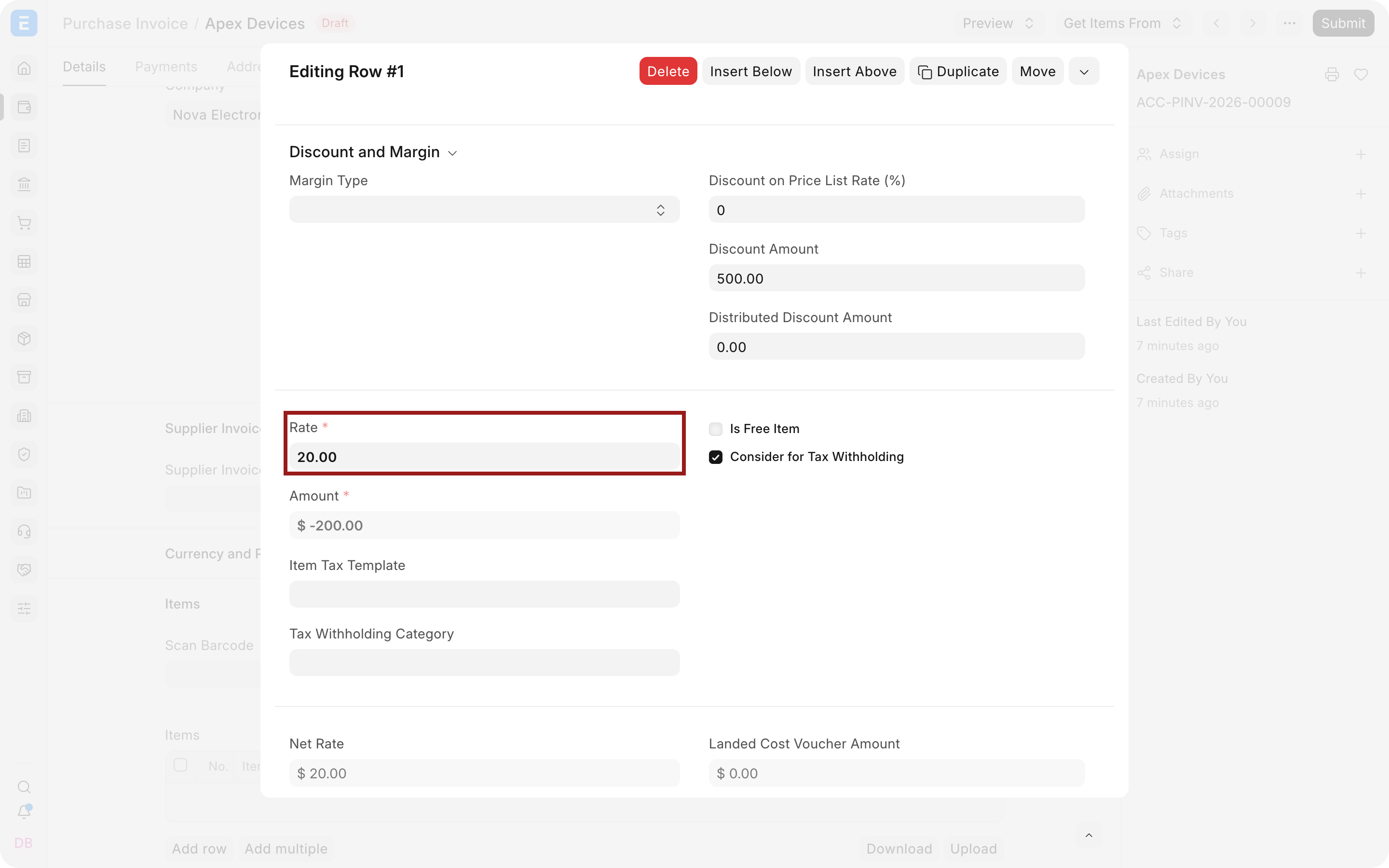 Per-unit price difference entered as the Debit Note rate