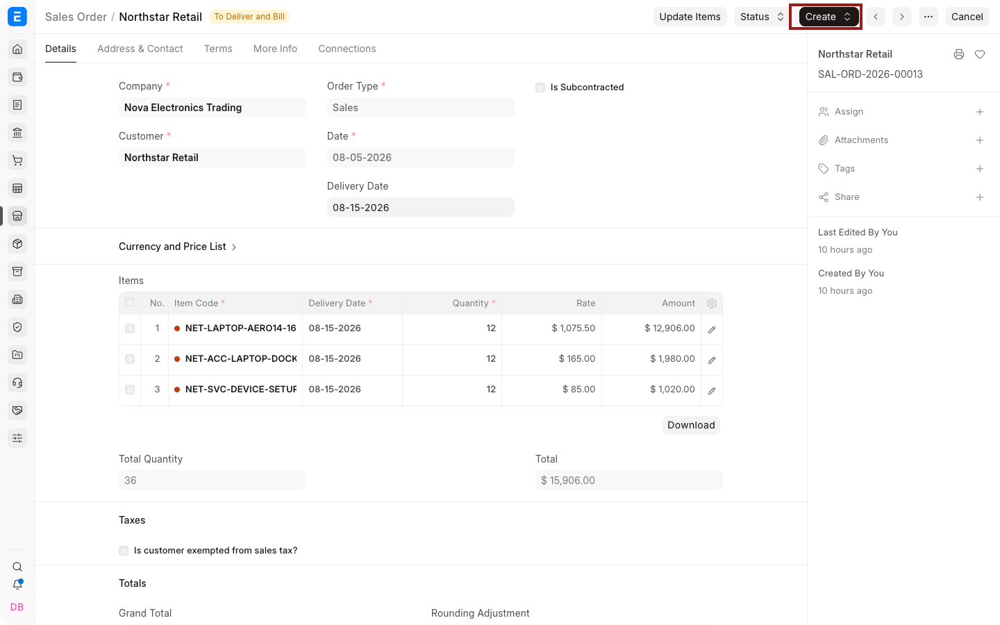 The Sales Order Create menu with Request for Raw Materials highlighted.