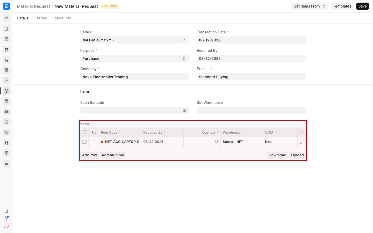 The generated Material Request with calculated raw-material rows.