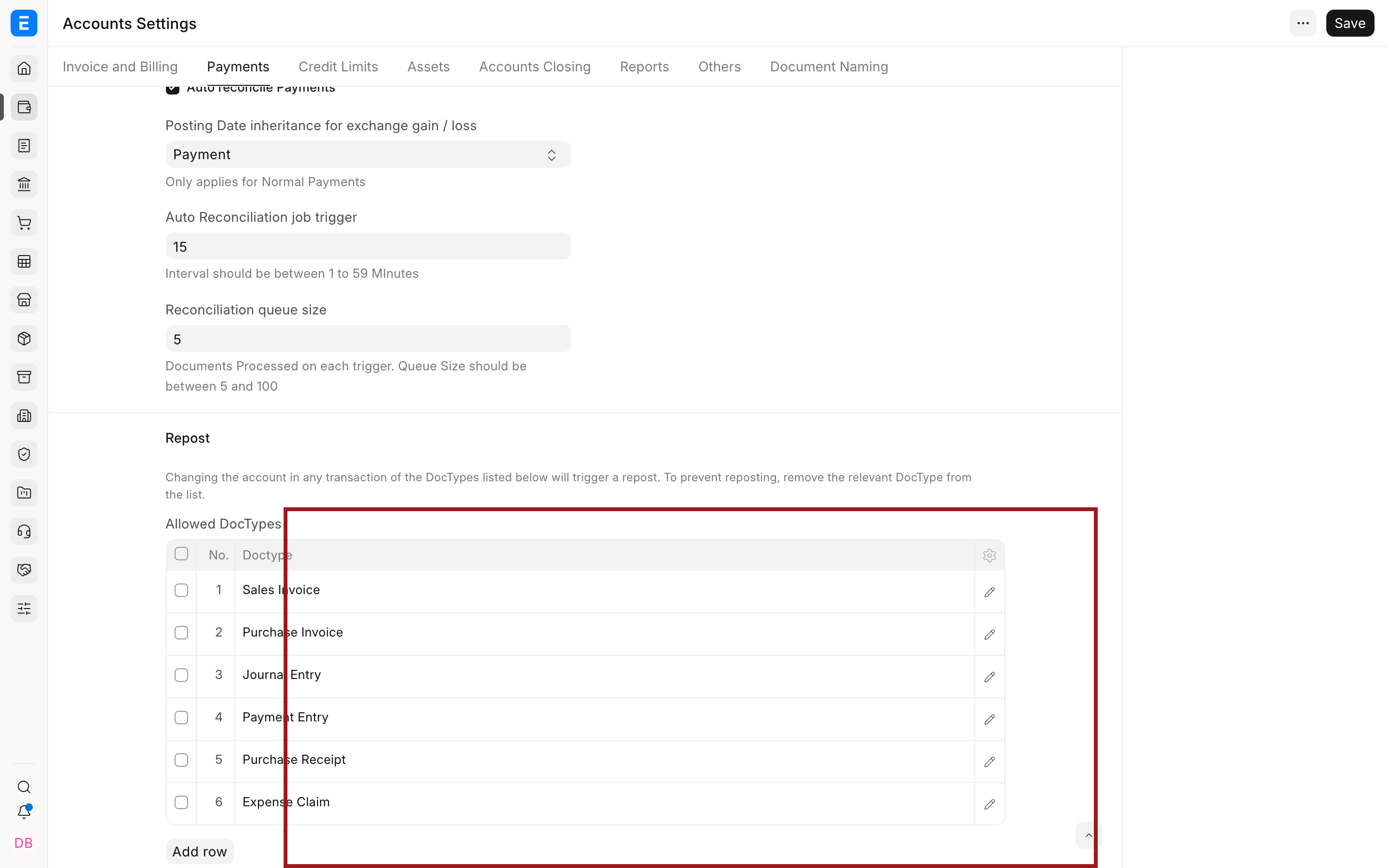 Allowed DocTypes in the Repost section of ERPNext Accounts Settings
