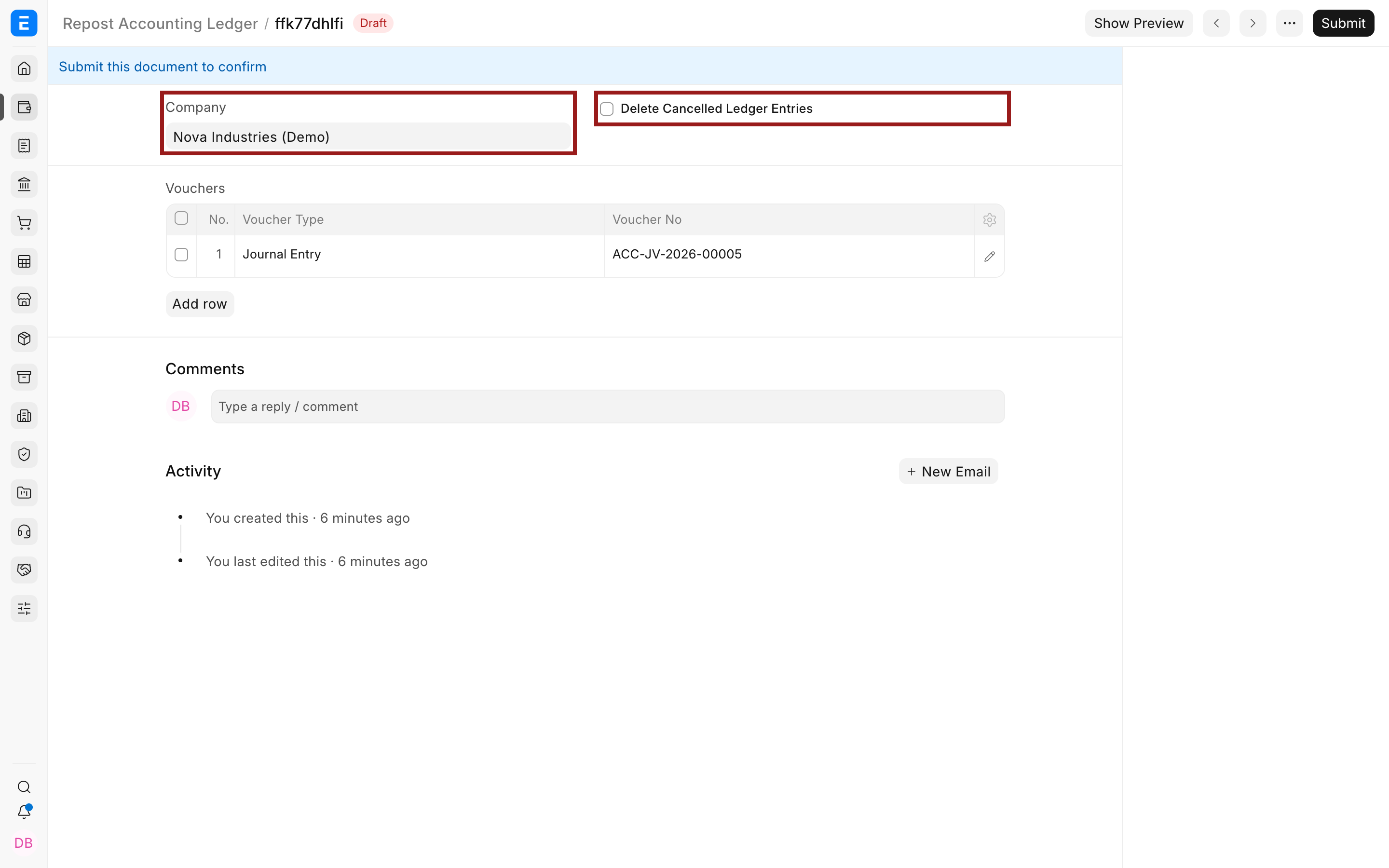 Company and Delete Cancelled Ledger Entries fields on a draft repost