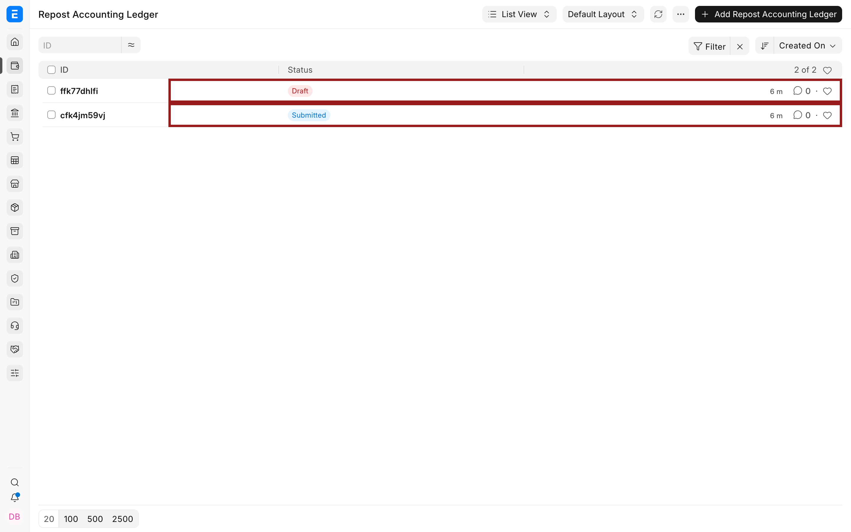 Draft and submitted Repost Accounting Ledger records in ERPNext