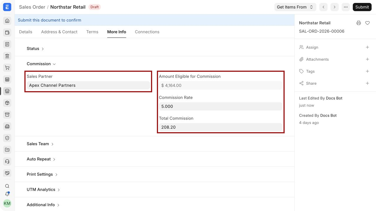 Sales Partner commission calculated on a Sales Order