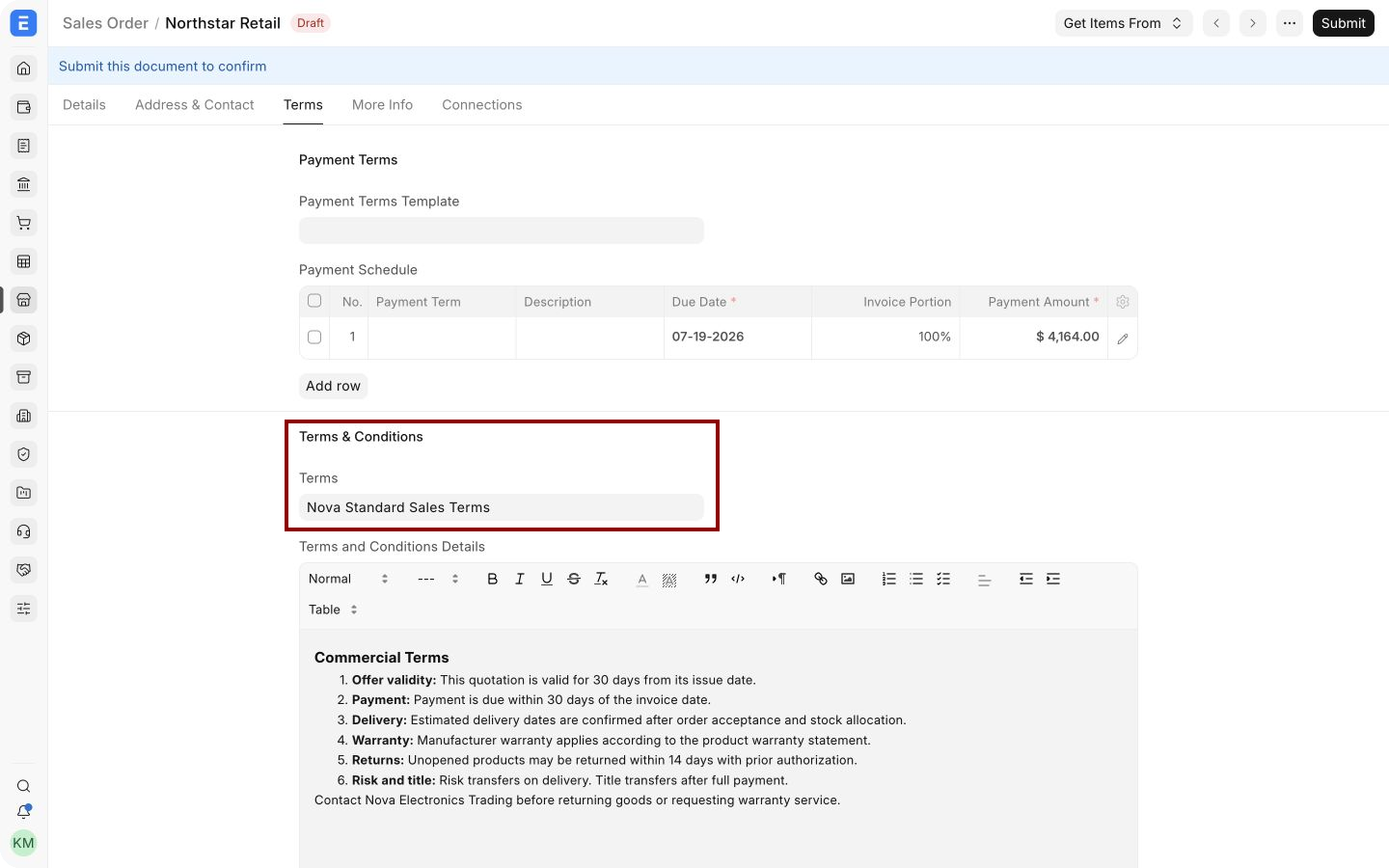 Sales Order Terms tab with the Terms template field highlighted