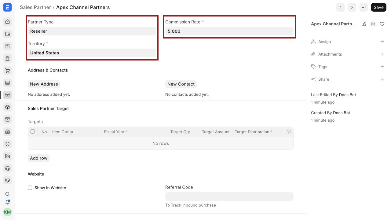 Sales Partner master with partner type, territory, and commission rate