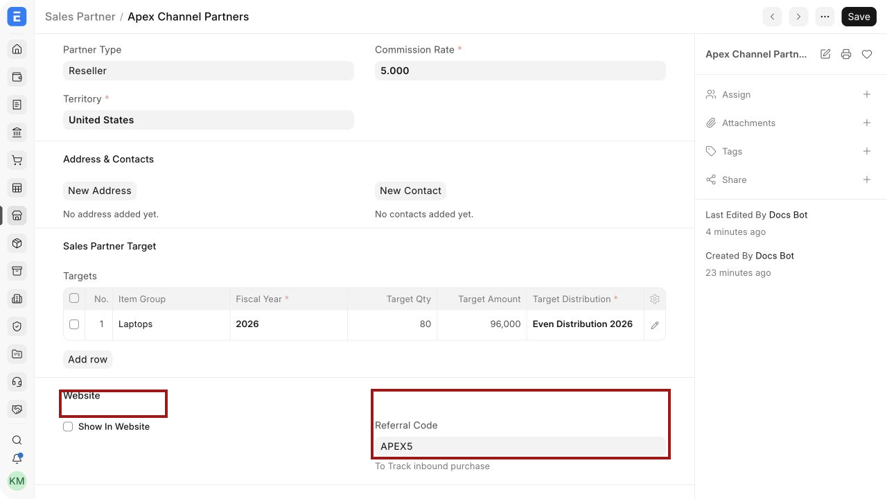Website and referral settings on a Sales Partner