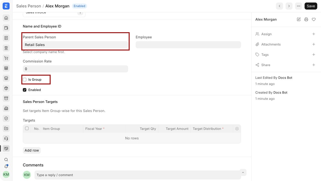 Sales Person hierarchy fields and target table