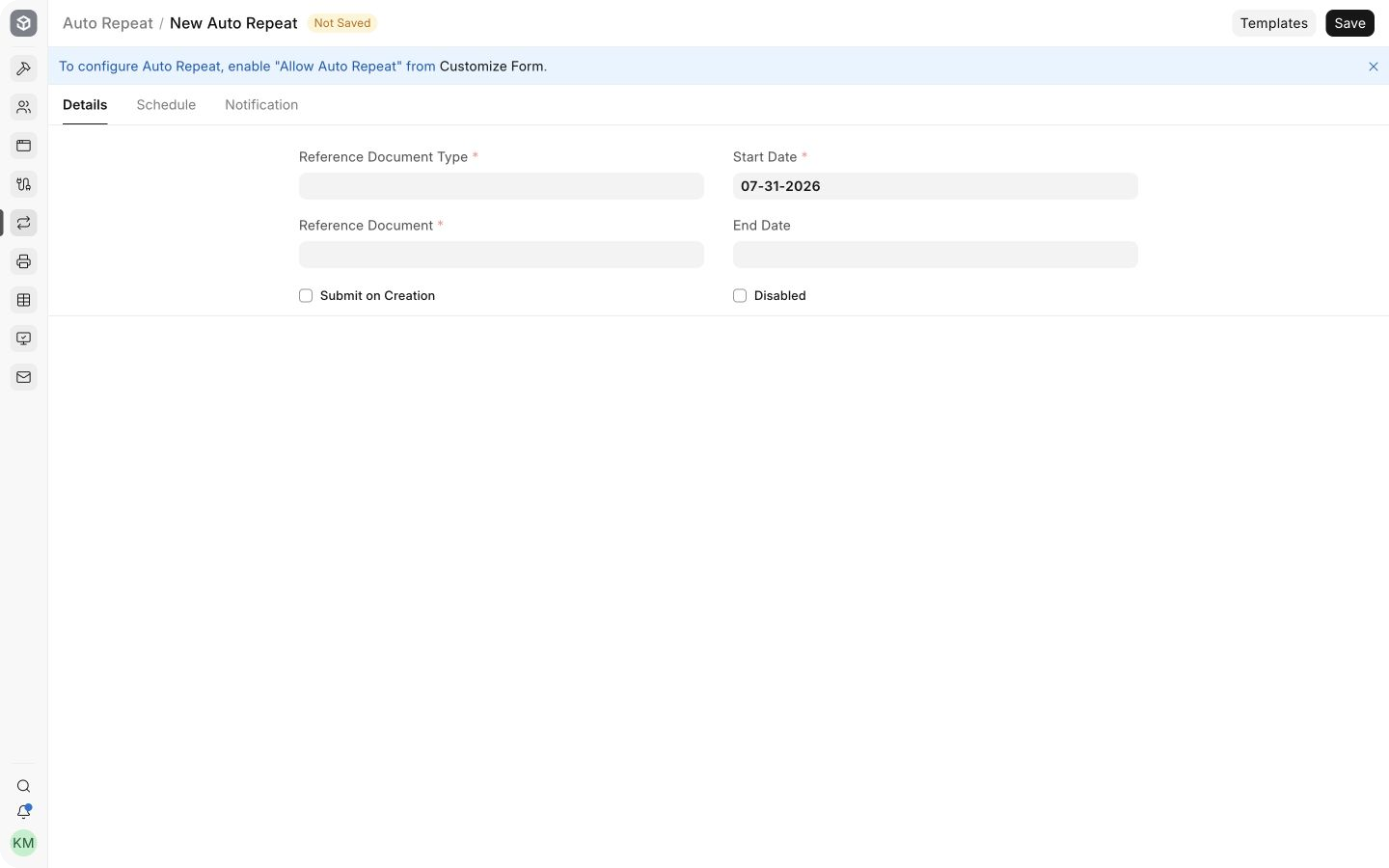 Auto Repeat form showing the reference document prerequisite and date controls